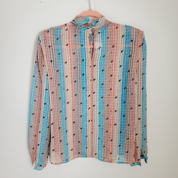 80s 90s Vintage Liz Baker Chiffon Stripe Mockneck Long Sleeve Top size 12 - Picture 5 of 9